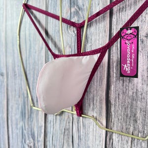 jovanadesign David Bulge String Baby Pink High Stretch Burgundy Semi See Through Suit Handmade in UK Size M