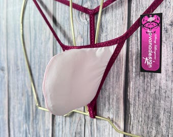 jovanadesign 3 Sizes Pouch Bulge String Baby Pink High Stretch Burgundy Trim Semi See Through Suit Handmade in UK