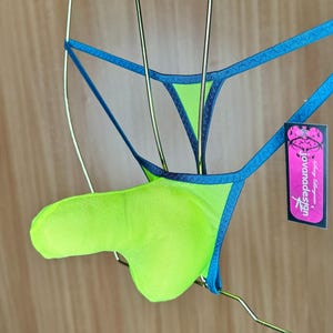 jovanadesign Amour Missile Mens String Neon Yellow Glissenette Sheer Military Blue Trim Shaft Torpedo Tanga Underwear Swimwear Handmade UK