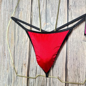 jovanadesign Mens Feminising String, Red Solid/Black Seamless Mini Tanga Triangle Men Suit, Swimwear, Underwear -Handmade in UK