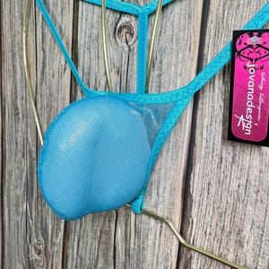 jovanadesign David Bulge String - Turquoise Metallic Mesh Transparent Low Waist Micro Mens Pouch Suit- Underwear Swimwear Handmade in UK