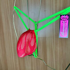 jovanadesign Juno Mens String, Red Blaze Lace, Slide Adjustable Front, Swimwear, Underwear, colours of edging Handmade in UK
