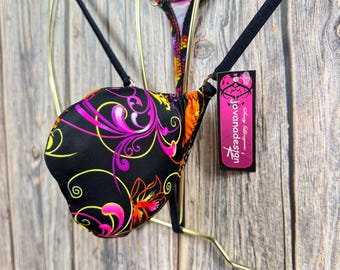 jovanadesign Heren Bulge String 3 Pouch Maten Push Out Strandpak Smalle Opening Bloemen Zwart Oranje Fuchsia Zwemkleding Handgemaakt VK