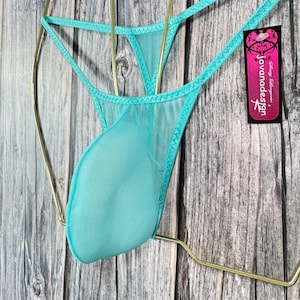 jovanadesign George String, Moderate Fit Bulge Mens Tanga Suit, Aquamarine See Through Mesh, Large Pouch Underwear Swimwear Handmade in UK