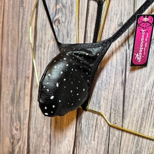 jovanadesign Opis Mens String, Black Soft Leather Look with Holes, Men Bulge String, Swimwear Underwear Handmade in UK