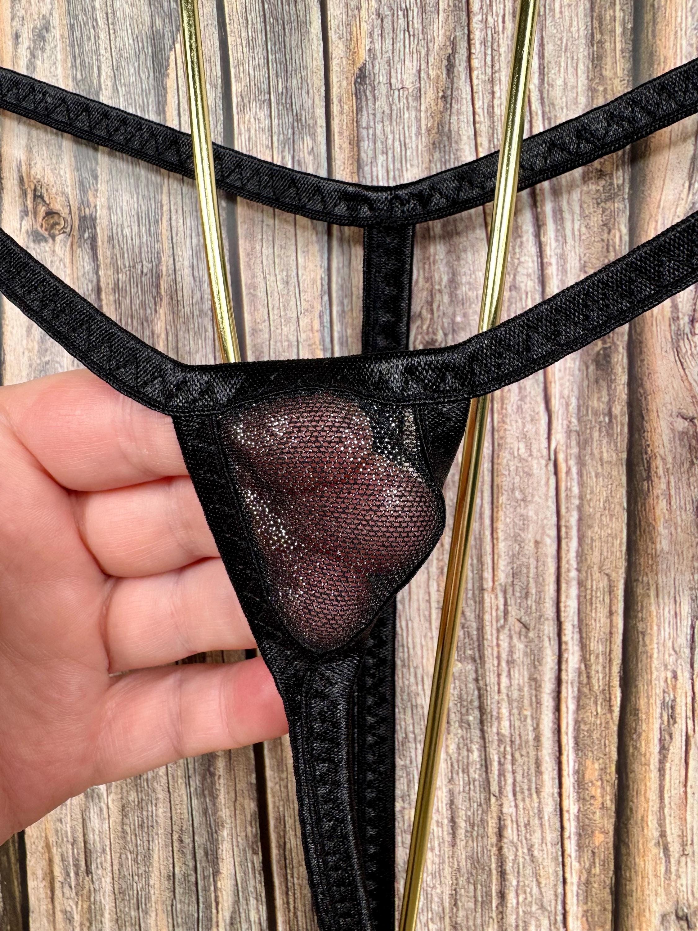 jovanadesign Tiniest Micro Nano String 4cm x 4cm - Shiny Black Silver Transparent Net Extreme Little Suit Swimwear, Underwear Handmade in UK