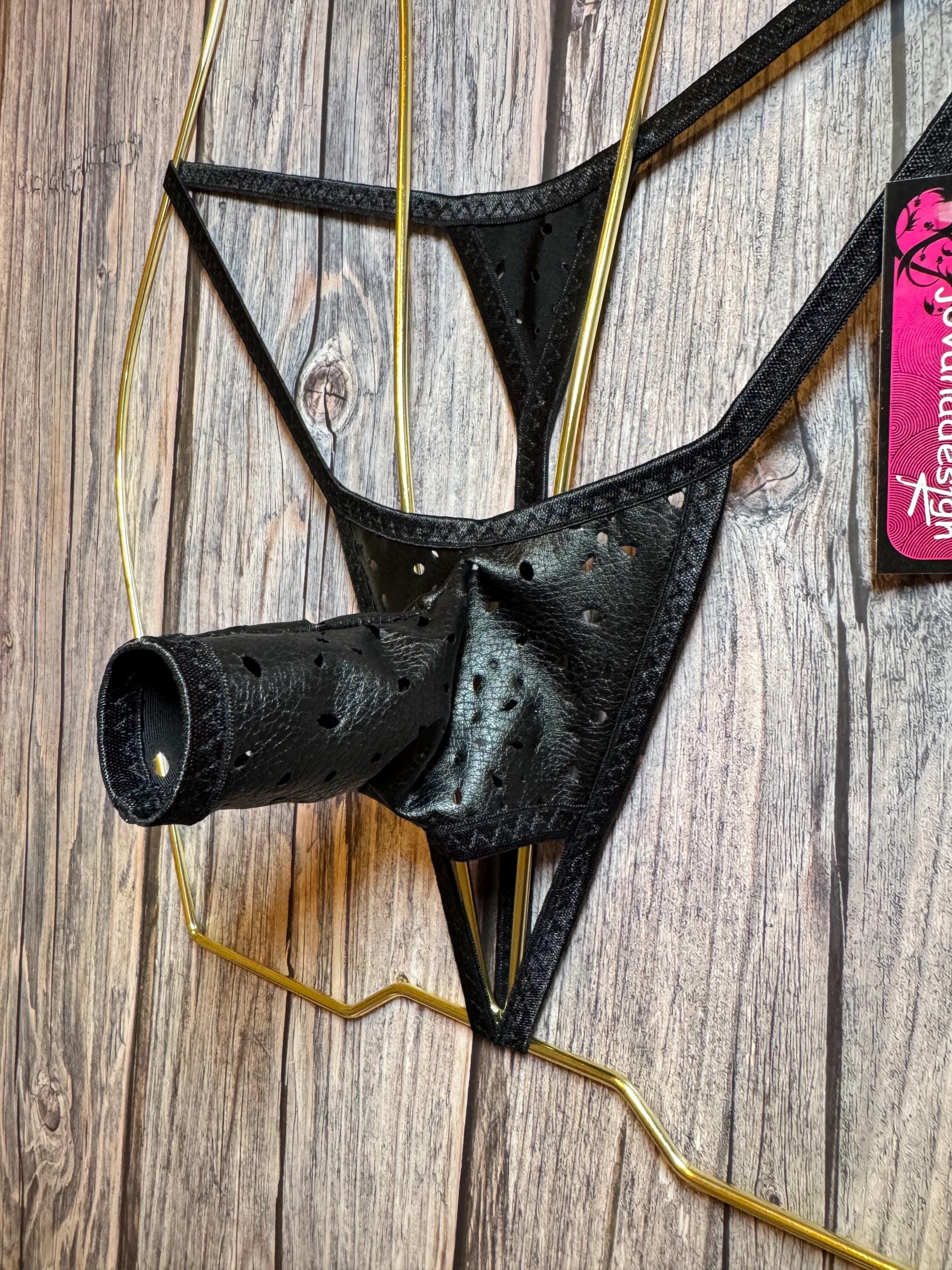 jovanadesign Cupid Mens Open Front Missile String Rocket Sleeve Suit Black Leather Look with Holes Erotic Underwear Swimwear Handmade in UK