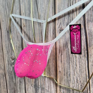 jovanadesign 3 Pouch Sizes Bulge String Hologram Neon Pink See Through Mesh White Trim Low Herren Tanga Suit Underwear Swimwear Handmade UK