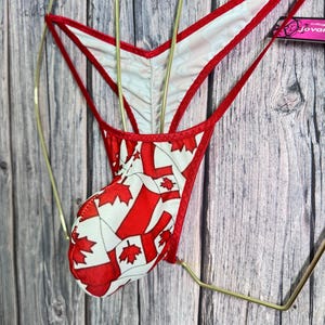 May include: Red and white thong underwear with a Canadian maple leaf pattern. The edges are trimmed with red fabric. The underwear is hanging on a gold-colored metal hanger against a wooden background.