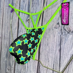 jovanadesign Big Bag Push Out Mens String Tanga Large Pouch Bulge Black Turquoise Lime Stars Swimwear Underwear Handmade in UK