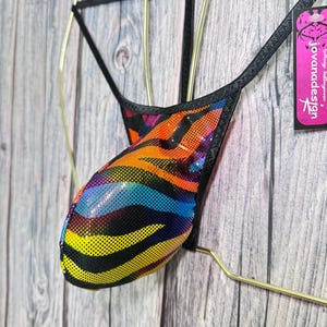 jovanadesign George String Zebra Multicoloured Hologram Black Trim Tanga Swimsuit Men's Moderate Fit Pouch Handmade in UK
