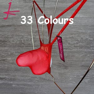 Puede incluir: Lingerie de malla roja con una etiqueta que dice "Lovehoney". El texto "33 Colores" está escrito encima de la lencería.
