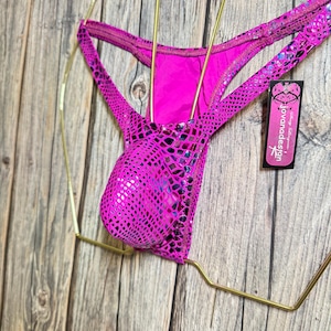 jovanadesign Mini Brazilian Mens Bikini, Low Mini Pouch Narrow Back Suit - Cerise Jelly Snake Hologram - Swimwear Underwear Handmade in UK