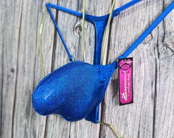 jovanadesign MARI Tanga Push Up 3D Push Out Ajustado Perfilado Tanga para Hombre Azul Real Holográfico Traje de Baño Hecho a Mano