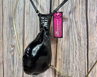 jovanadesign Very Narrow Mens String - Black Shiny Vinyl Sexy Tight PVC Thong- Swimwear, Underwear Handmade in UK