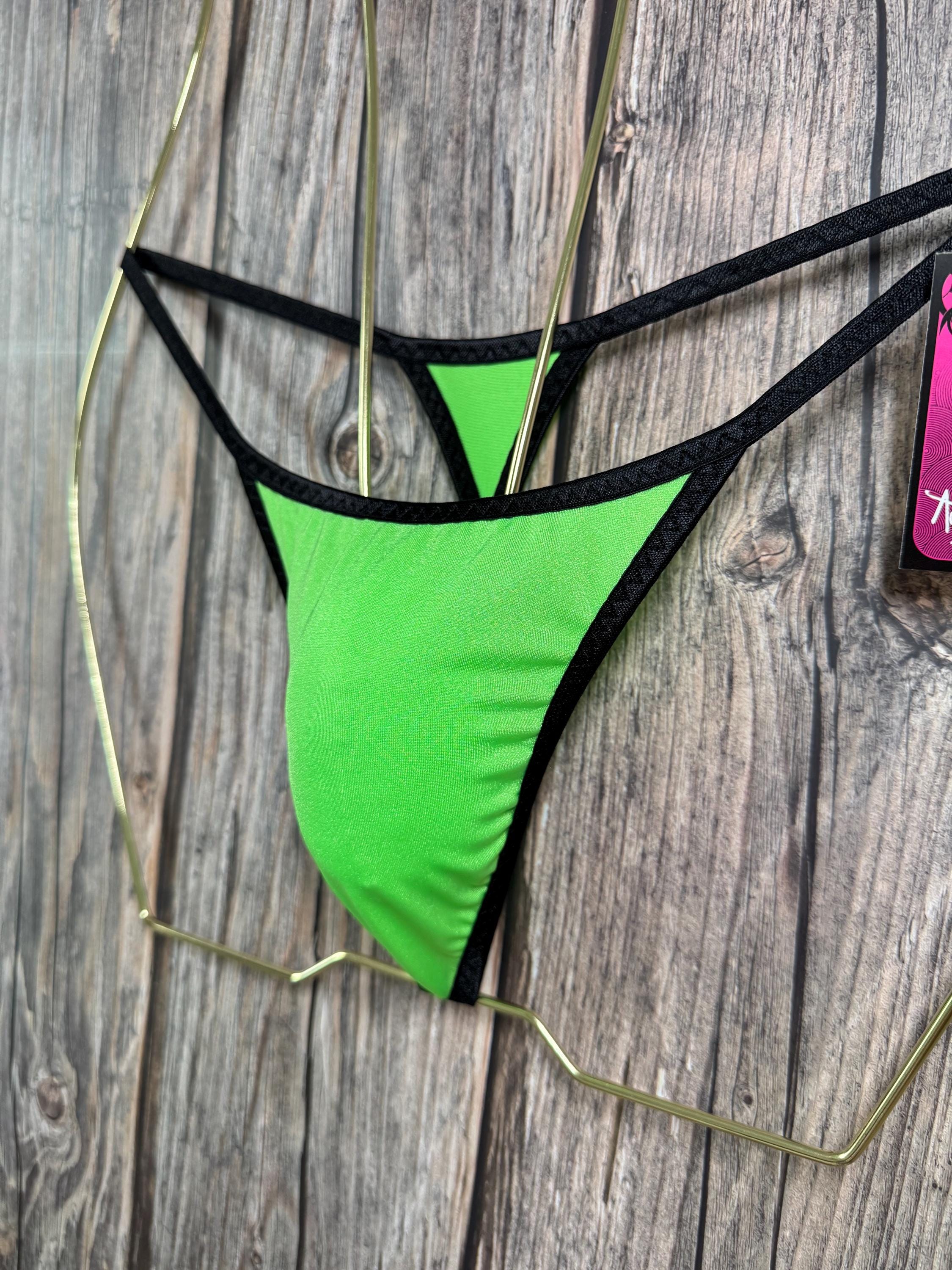 jovanadesign Mens Feminising String, Neon Green/Black Seamless Mini Tanga Swimwear, Underwear -Handmade in UK