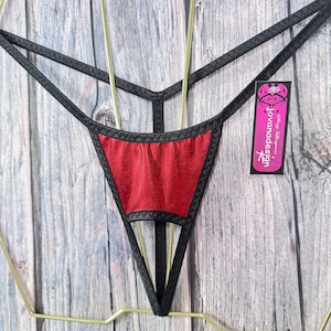 jovanadesign Open Front String Red Metallic Black Tanga Extreme Micro Suit Handmade UK Size M