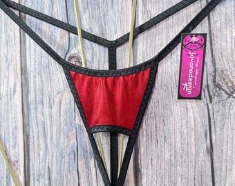 jovanadesign Open Front String Red Metallic Black Trim Herren Tanga Extreme Micro Suit Handmade UK