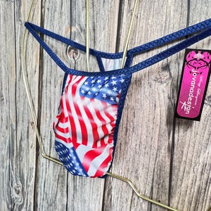 Peut inclure: Un string imprimé d'un drapeau américain bleu et rouge avec une bordure bleu marine. Le string est suspendu à un cintre doré. L'étiquette indique "Jovanades Lingerie".
