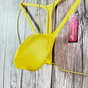 jovanadesign Bart 5D Push Out Thong, Yellow Wet Look Mens Bulge Thong, Profiled Tight Narrow Pouch -Swimwear Underwear Handmade in UK