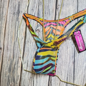 jovanadesign Mini Brazilian Mens Bikini, Low Mini Pouch Narrow Back Suit - Zebra Multicoloured Hologram - Swimwear Underwear Handmade in UK
