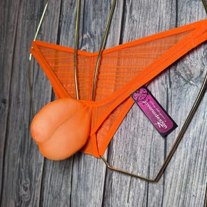 May include: Bright orange mesh underwear with a pouch. The underwear is suspended by a gold-coloured metal frame. A tag with the text "jovanadesign" is attached.