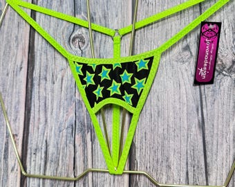 jovanadesign Open Front Extreme Men's String Black Turquoise Lime Stars Herren Tanga Handmade in UK