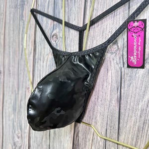 jovanadesign George String Black Camouflage Vinyl PVC Tanga Swimsuit Men's Moderate Fit Pouch Handmade in UK