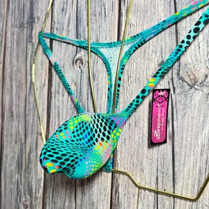 jovanadesign Micro 3D Push Up Thong Mens Bulge Animal Multi Jade Tight Fit Beach Suit Handmade in UK