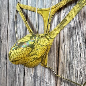 jovanadesign Oliver Mens 3D Thong Snake Hologram Yellow/Gold Male Wide Straps, Profiled Tight Narrow Pouch Swimwear Underwear Handmade in UK