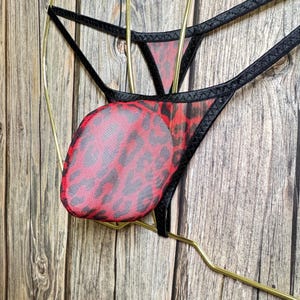 jovanadesign David Bulge String - Deep Red Black See Through Mesh Leopard, Low Waist Micro Mens Pouch Suit Underwear Swimwear Handmade in UK