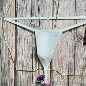May include: White thong underwear with a decorative purple gem and a pink flower attached. The thong is hanging on a gold-colored metal hanger against a wooden background.