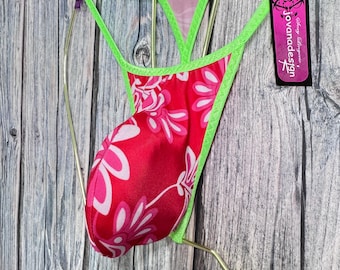 jovanadesign George String Moderate Tanga Rojo Rosa Flores Verde Neón Traje de Baño Hecho a Mano en el Reino Unido