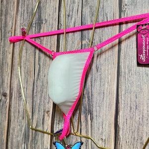 jovanadesign Mens Plug Back String Smallest Suit, White See Through Mesh / Neon Pink, Transparent String Underwear Swimwear Handmade in UK