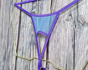 jovanadesign Offene Front Herren Plug Back String Immergrün Mesh Lila Trim Extreme Ouvert Anzug handgefertigt in UK M