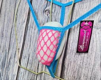 jovanadesign Męskie stringi Nano String Pink Holes Turquoise Trim Extreme Micro Tanga, ręcznie robione, rozmiar M w Wielkiej Brytanii