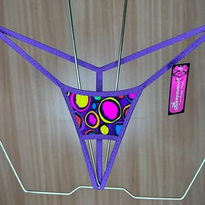 jovanadesign Open Front String - Unregelmäßige Flecken Multi / Pflaume - Extrem Herren Ouvert String, Unterwäsche, Bademode, handgefertigt in Großbritannien