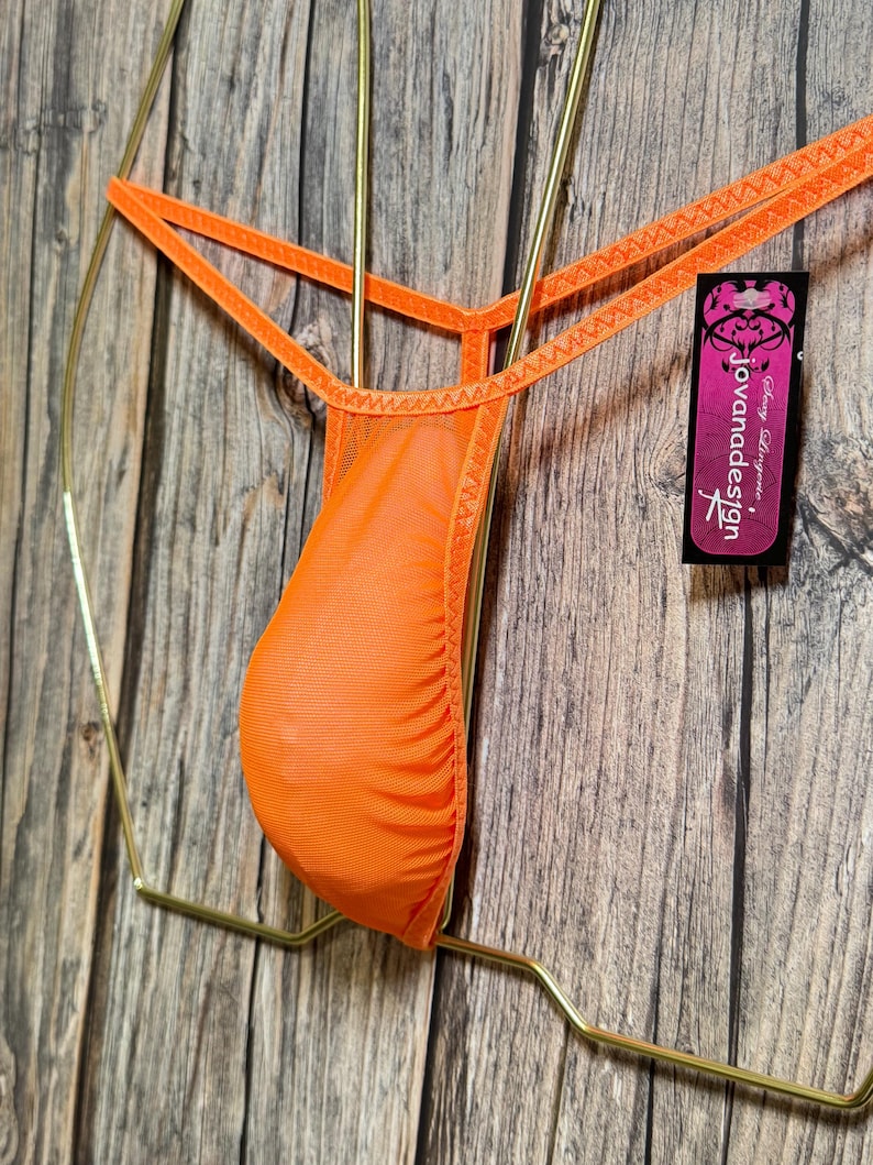 jovanadesign Very Narrow K1 herenstring neonoranje see-through mesh naadloze heren tanga badmode ondergoed handgemaakt in het Verenigd Koninkrijk afbeelding 1