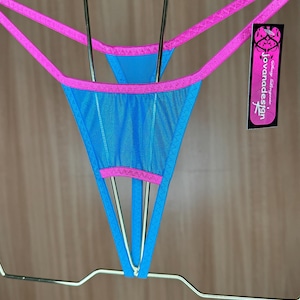 jovanadesign Open Front String Größe S - Glänzend Türkis Soft Mesh/Fuchsia- Extrem Herren Ouvert String, Bademode Unterwäsche Handmade in UK
