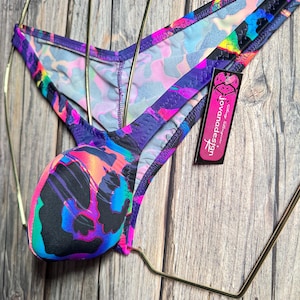 jovanadesign Mini Gathered Rio Bikini, Leopard Purple Multicoloured Mens Beach Bulge Suit Beachwear Tanga Swimwear Underwear Handmade in UK