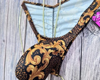 jovanadesign Big Bag Raffung Rio Bikini Push Out Herren Große Beutel Ausbuchtung Strand Anzug Verziert Braun Gold Bademode Handmade in UK M