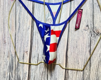 jovanadesign George String USA Flag Tanga Swimsuit: Men's Moderate Fit Bulge Pouch, Underwear Swimwear Handmade in UK