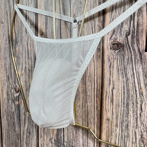 May include: White mesh underwear with a delicate lace trim. The underwear is hanging on a gold metal hanger.