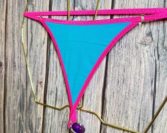 jovanadesign Mimi Ladies Plug String Turquoise 100% Cotton Hot Pink Trim Women Tanga Swimwear Underwear Handmade in UK