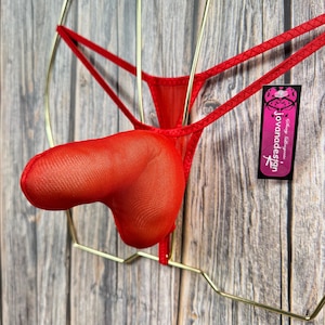 jovanadesign Amour Missile String pour homme rouge transparent transparent en mesh sous-vêtements maillots de bain faits main au Royaume-Uni