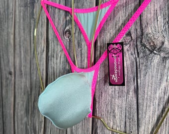 jovanadesign Ropa interior de hombre 3D con efecto push-up, color azul claro y ribete rosa neón, hecha a mano en el Reino Unido.