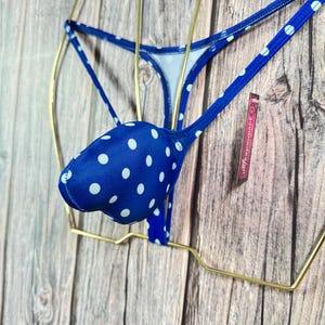 jovanadesign 3D Micro Mens Thong, Push Up Mens Bulge Suit 3 1/4&quot; x 3 3/4&quot; Pouch Royal Blue White Polka Dot Swimwear Underwear Handmade in UK