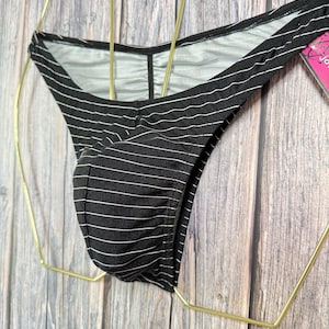 jovanadesign Mens Slim Fit Bikini, Scrunchie Back - Stripes Black White - Moderate Front Swimwear Underwear Handmade in UK