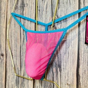 May include: A pink and blue thong-style undergarment. The garment features a pink mesh front panel with a blue trim and straps. The undergarment is displayed on a gold-colored hanger against a wooden background.