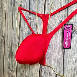 jovanadesign Alfie 5D Push Out Mens Thong, Red Bulge Beach Suit, Tight Narrow Enhancing Pouch -Swimwear Underwear Handmade in UK